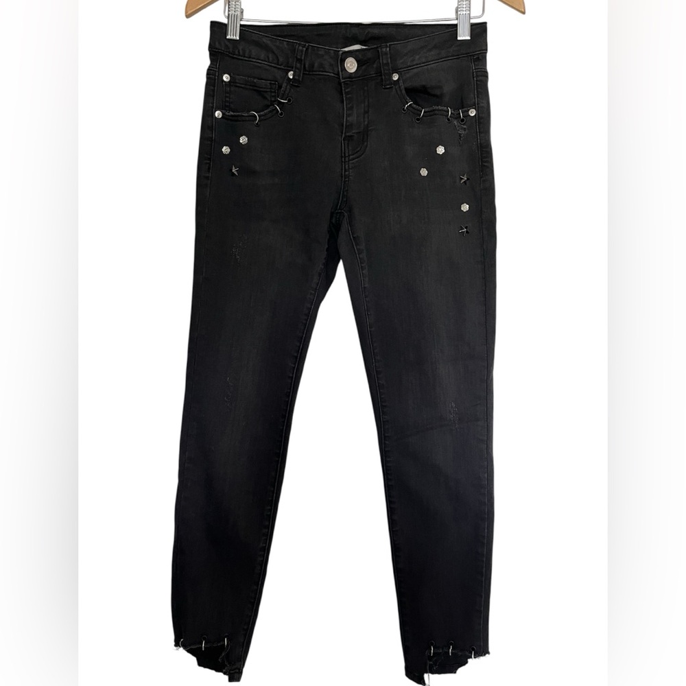 Goth punk black skinny jeans studded pierced raw hem distressed stretch sz 28